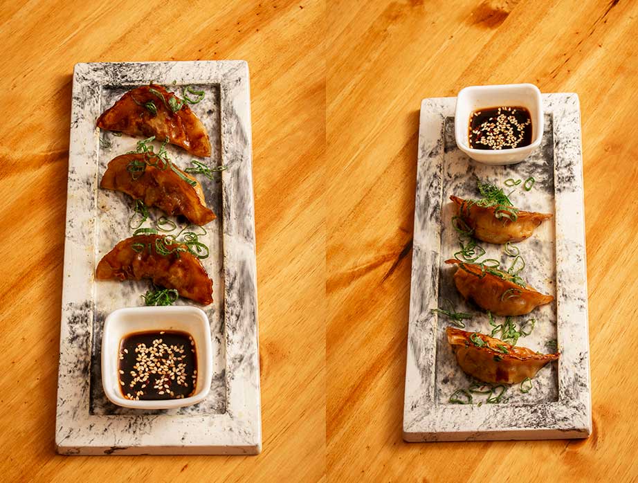 Gyozas fritas con salsa de soja y vinagre